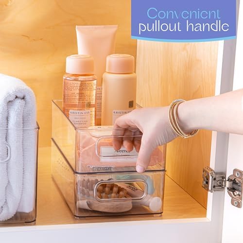 Plastic Food Storage 2 Pack Clear Container Bin with Handles for Organizing Kitchen, Pantry, Refrigerator, Freezer, Pantry, Cabinet, Closet, Bathroom. Stackable 10”x6”x3”
