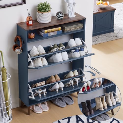 Joaxswe Narrow Shoe Cabinet with 2 Flip Drawers for Entryway,Dark Blue