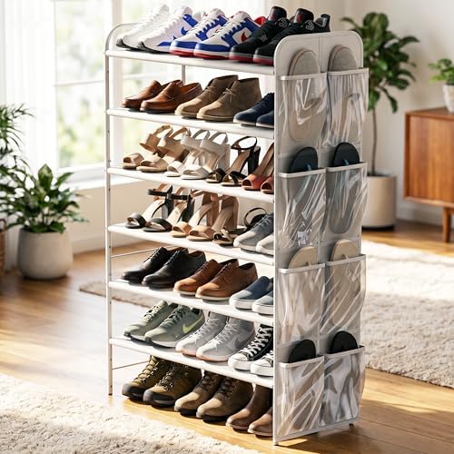 Simple Houseware 6-Tier Shoe Rack Organizer w/Side Hanging Pockets, White