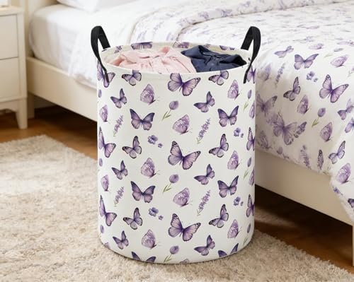 ESSME Kids Laundry Basket,Butterfly Hamper Collapsible Canvas Waterproof Storage Bin for Girls, Cute Hamper,Gift Baskets(Purple butterfly)