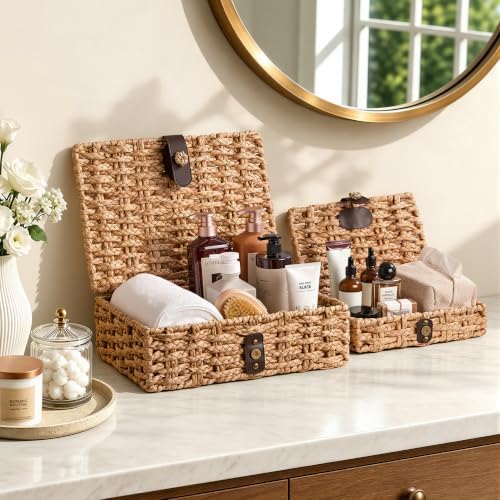 JARLINK Decorative Box with Lid, Handwoven Water Hyacinth Wicker Woven Box