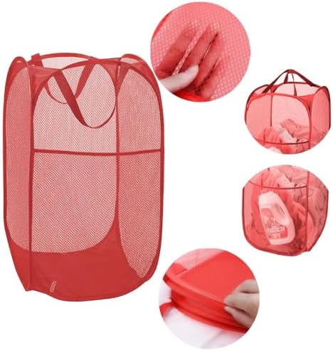 Larpur Popup Mesh Laundry Basket, Collapsible and Portable Clothes Washing Laundry Hamper with Reinforced Carry Handle (Red)