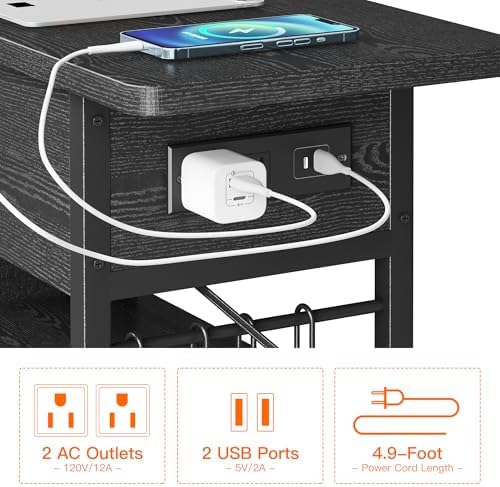 End Table with Charging Station, Flip Top Nightstand with USB Ports and Outlets,Couch Side Table with Fabric Bag and Hooks, Bedside Table for Space Saving, Living Room, Bedroom (Black)