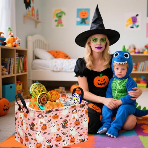 Pink Halloween Storage Basket for Girls, Pumpkin Ghost Bat Spider Design