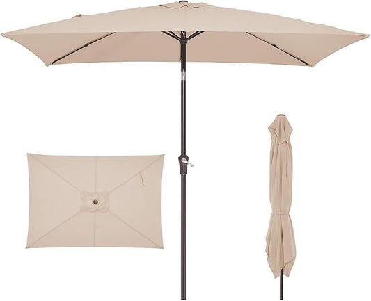 JEAREY 6.5x10 ft Rectangular Patio Umbrellas Outdoor Market Umbrella with Push Button Tilt and Crank, Rectangle Table Umbrellas 6 Sturdy Ribs UV Protection for Pool Garden Backyard Deck, Tan