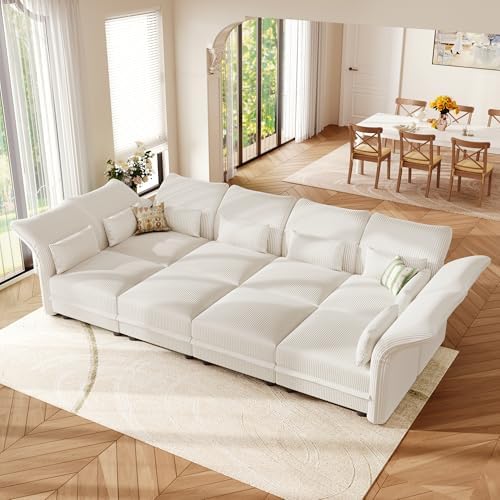 LLappuil Corduroy Modular Sectional Sofa with Storage Seat, Convertible Sectional Couches for Living Room with Adjustable Arms Backs, Plush Cushions, 8 Seater, Beige