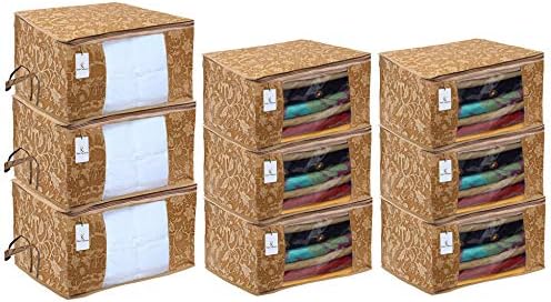 Kuber Industries Metallic Printed Non Woven 6 Pieces Saree Cover and 3 Pieces Underbed Storage Bag, Cloth Organizer for Storage, Blanket Cover Combo Set (Beige) -CTKTC038568