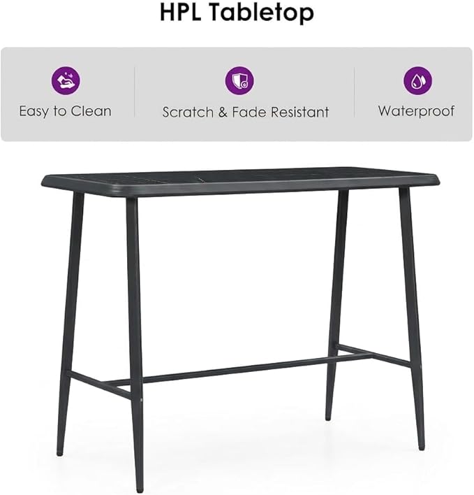 PURPLE LEAF Outdoor Counter Height Bar Table Rectangular Patio Pub Table with Waterproof Tabletop for Balcony Dark Grey