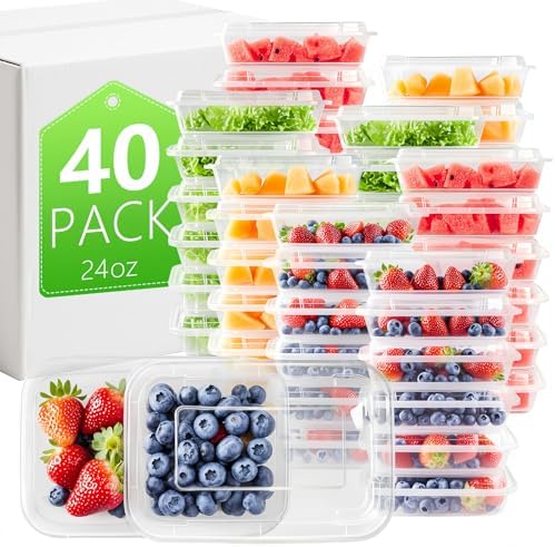 [40 Value Pack single one compartment 24 OZ Meal Prep Plastic Food Storage Containers - BPA Free Reusable Lunch Bento Box with Lids - Spill proof,Microwave, Dishwasher and Freezer Safe