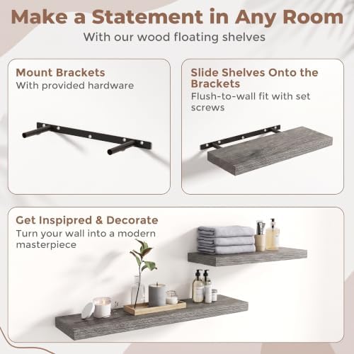 36 Inch Floating Shelves for Wall 2 Pack, 8"D Wood Grain Bathroom Shelves | Invisible Brackets, Grey Oak Finish, Easy Install | Engineered Wood Storage Shelves for Kitchen, Study, Bedroom