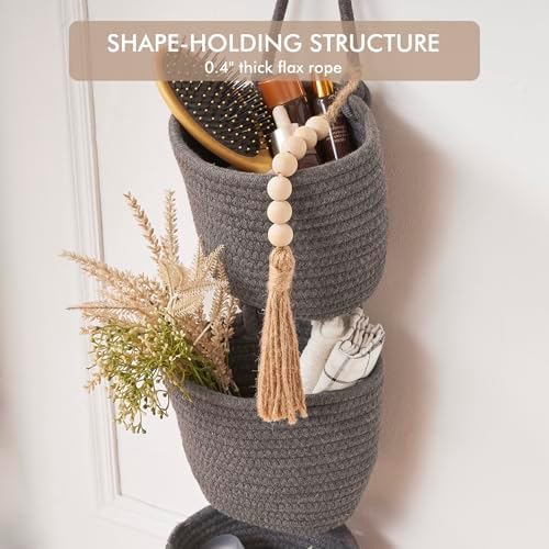 LIGHT DUST Wall Hanging Rope Baskets 3-Tier Boho Organizers (Gray & Black)