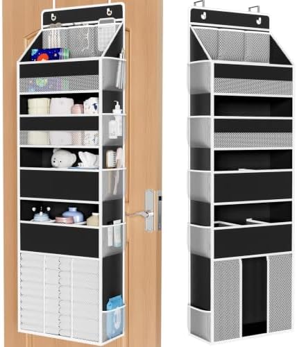 WISELIFE 5-Tier Over the Door Organizer for Nursery Hanging, Black | Multi-Pocket Back of Door Baby Organizer for Diapers, Clothes & Nursery Essentials, Heavy-Duty Large Capacity, 50 Lb Capacity