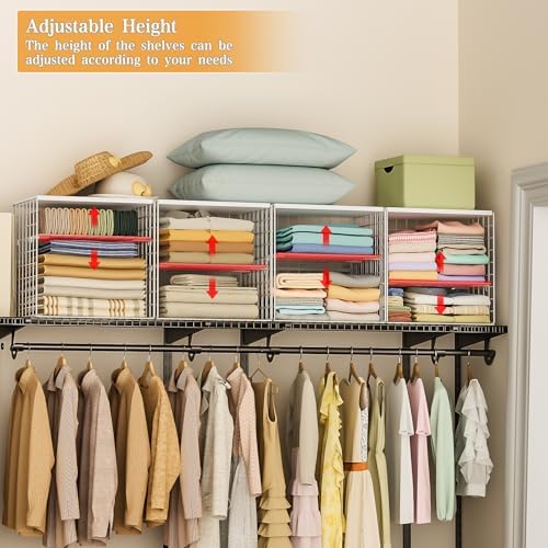 4-Tier Stackable Closet Organizers and Storage Shelves, Closet Storage Basket with Wood Tops, Adjustable Height Dividers Closet Storage Bins for Home Closet Organizer System, White (15.7"x11.8"x15.7")