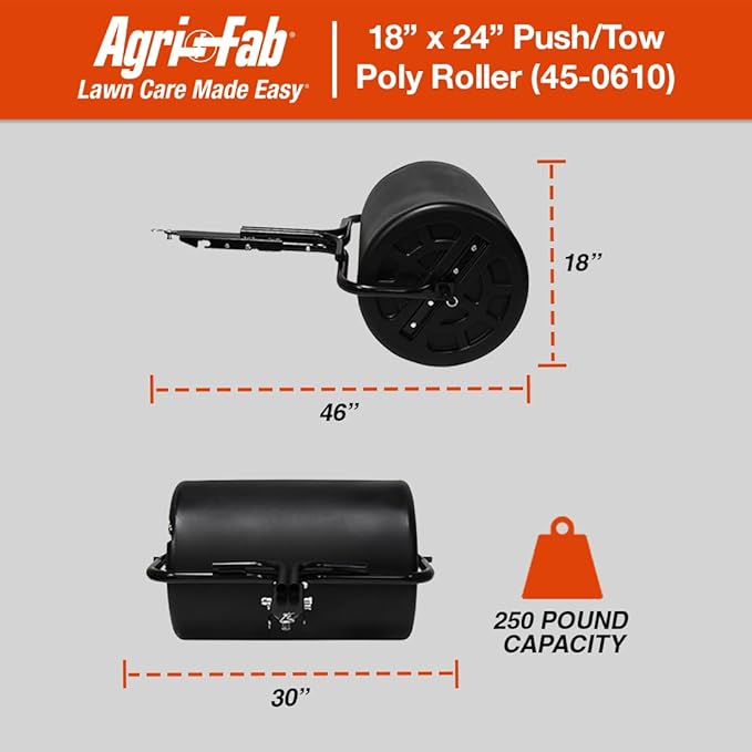 Agri-Fab 45-0610 18" x 24" Tow Behind Poly Lawn Roller 250 lbs Weight with Water, Poly Drum and Steel Frame, with Plug. Designed for Lawn and Garden Tractors