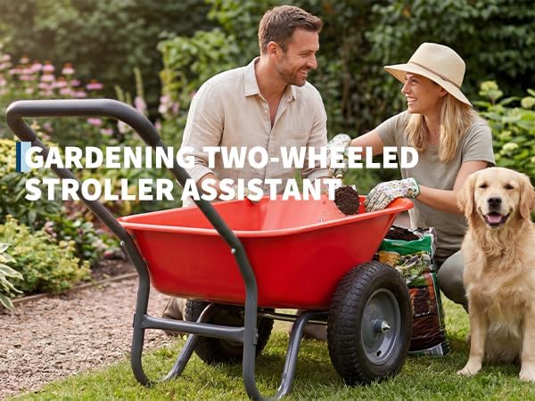 Garden Wheelbarrow Cart, Heavy Duty Utility Cart with Dual Wheels and Built-in Stand, Iron and Plastic Yard Cart for Home, Lawn and Garden
