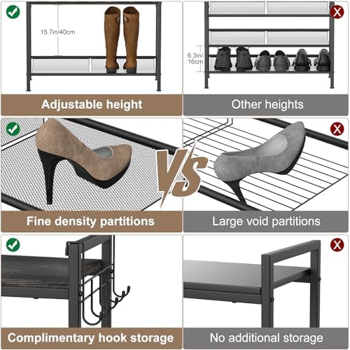 Shoe Rack for Front Door Entrance, 4 Tier Height-Adjustable Metal Shoe Rack, Sturdy Wooden Top and Tiltable Steel Frame Heavy Duty Shoe Organizer for Bathroom,Bedroom,Kitchen, Include Hook, Black