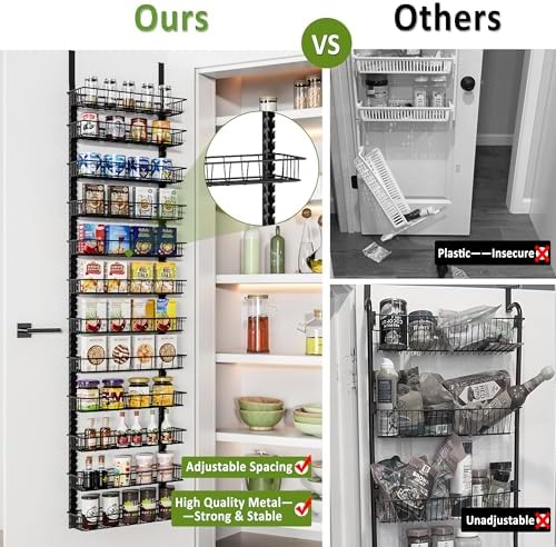 Churboro 12 Tier Over Door Pantry Organizer, 2-in-1 Adjustable Spice Rack | Pantry Door Organizers and Storage, Hanging or Wall Mount Spice Rack, Sturdy Metal Shelves with 12 Adjustable Baskets, Black
