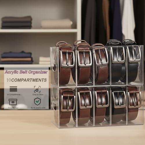 Belt storage Organizer for Closet with Removable Dividers - 5 Compartments & Handles Drawer organization and storage for underwear, Socks, and Bow Ties Acrylic Belt Organizers (3pack)