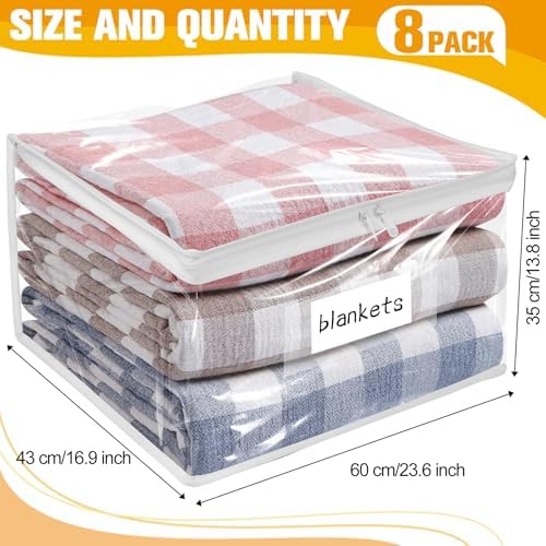 Plastic Storage Bags with Easy-Glide Zipper, Pack of 8, Durable Clear Vinyl Zippered Storage Bags for Clothes Sweaters Comforters Blankets Sheets Bedding (23.6 x 16.9 x 13.8 Inch, Transparent White)