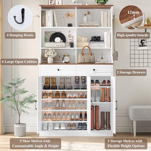 Keyluv 73" Tall Entryway Shoe Cabinet with Drawers and Doors, Large Shoe Storage Cabinet for 24-30 Pairs with Dedicated Boot Storage, 5-Tier Adjustable Shelves for Sneakers, Heels & Flats, White