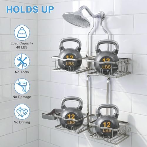 Shower Caddy Hanging Organizer Over Showerhead with Hooks, Silver