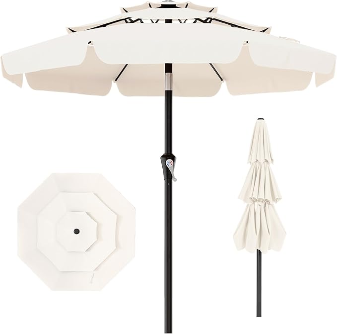 AreShark 9FT 3-Tiers Patio Umbrella with Valance, Outdoor Umbrellas with Crank/Tilt, Table Market Umbrella Vented w/ 8 Sturdy Ribs for Garden, Deck, Backyard, and Pool, Cream White
