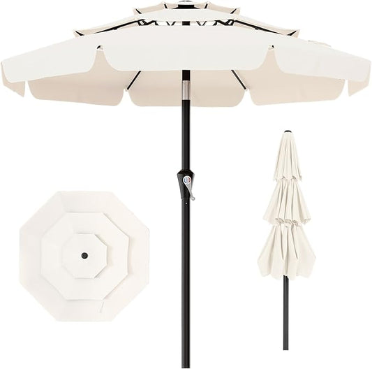 AreShark 9FT 3-Tiers Patio Umbrella with Valance, Outdoor Umbrellas with Crank/Tilt, Table Market Umbrella Vented w/ 8 Sturdy Ribs for Garden, Deck, Backyard, and Pool, Cream White