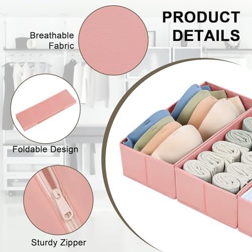 DIMJ Fabric Drawer Organizer Bins - 12 Pack Foldable Sock & Clothes Organizer - Pink