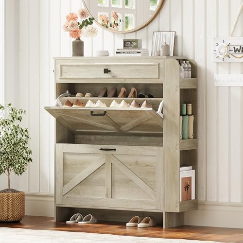 IRONCK Shoe Storage Cabinet with 2 Flip Drawers & Barn Door Design, Freestanding Shoe Cabinet Organizer with Drawer and Shelves for Entryway, Farmhouse Shoe Rack Cabinet,Rustic Maple