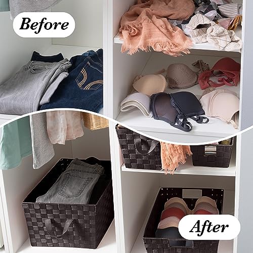 Simplify Large Shelf Woven Strap Tote | Decorative Storage Basket | Built in Handles | Organization | Closet | Bedroom | Bathroom | Nursery | Accessories | Toys | Gifts | 2 Pack | Chocolate