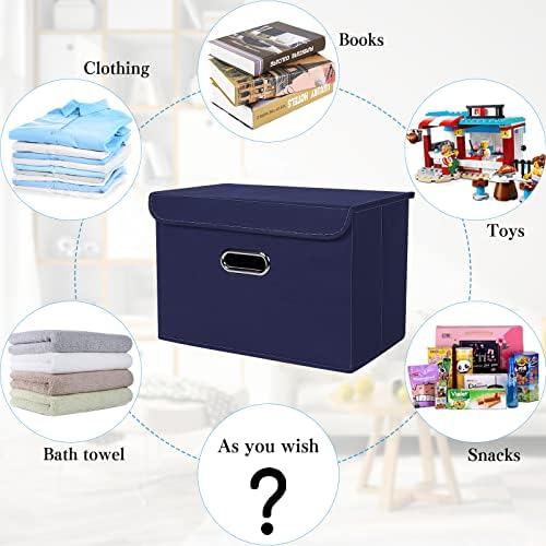 STOREONE Fabric Storage Cube Bins Foldable Organizer Container Collapsible Basket with Lids and Metal Handles, for Home, Bedroom, Closet 3 Pcs (Navy Blue)