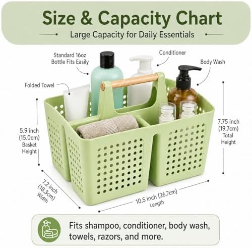 Portable Shower Caddy Basket with 3 Compartments and Handle, Grass Green | Plastic Divided Storage Caddy for Camping, RVs, Outdoor Showers, Bathrooms, Laundry Rooms and Cleaning Supplies