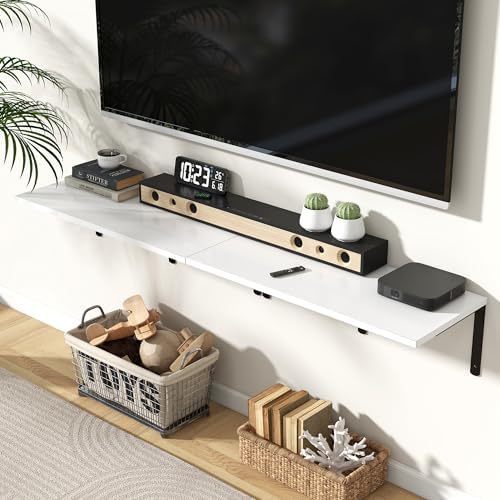 Fun Memories Floating Shelves for Wall, 12 Inch Deep Floating Shelves Set of 2, Wall Mounted Shelf with Metal Brackets, Rustic Wood Wide Shelf for Bathroom, Kitchen and Living Room, White, 32W x 12D