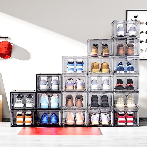 ARSTPEOE Upgrade Harder Solid Plastic Shoe Organizer, Shoe Storage with Magnetic Front Door, Shoe Rack 6 Pack Shoe Boxes Clear, Sneaker Storage, Shoe Organizer for Closet, Shoe Display Case, Black