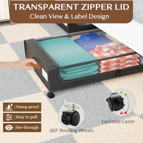 Under Bed Storage with Wheels, UnderBed Storage Containers with Clear Lid and Handles, XXL 60L Under the Bed Storage Bins Drawers for Clothes,Blankets,Shoes,Books (BLACK, 2 PACK)