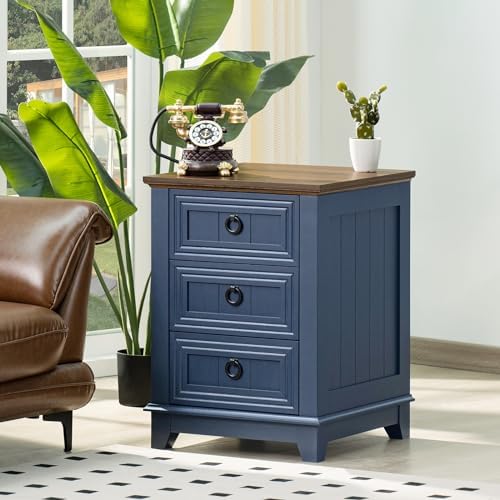 Joaxswe Farmhouse Nightstand Set 2, 18'' End Table | Sofa Bed Side Table with 3 Drawers, Blue Night Stand Cabinet for Organizer Bedroom Living Room