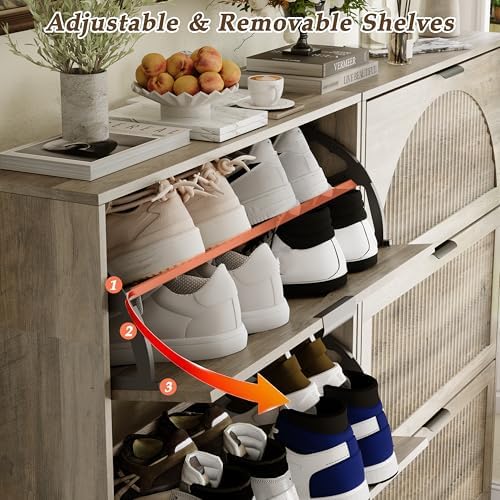 Shoe Storage Cabinet with 3 Flip Drawers, Narrow Wood Shoe Organizer Cabinet with Fluted Panel, Slim Shoe Rack for Entryway, Freestanding Shoe Cabinet for Living Room, Hallway, Grey