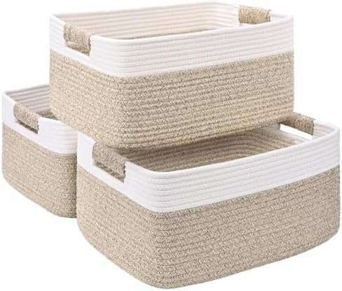3 Pack Large Storage Basket for Organizing, 17.5"x13"x7" Woven Basket for Shelves, Closet Cube Storage Bins with Wrapped Handle, Cotton Rope Baskets for Kitchen, Clothes, Toys(Off White & Brown)