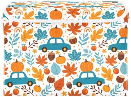 senya Thanksgiving Storage Baskets Collapsible Storage Bins with Lids, Thanksgiving Fall Maple Leaves Truck Pumpkins Storage Boxes Clothes Baskets for Organizing