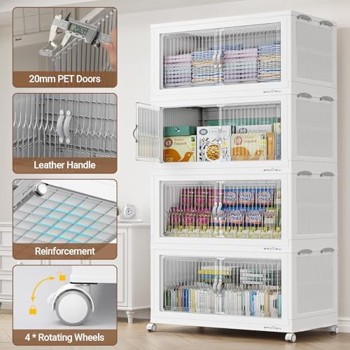 BROVIEW 600Qt Extra Large Stackable Storage Bins with Lid & Wheels, Plastic Collapsible Closet Organizers and Storage Drawers for Clothes | Foldable Storage Cabinet Container for Kitchen 3Pack White