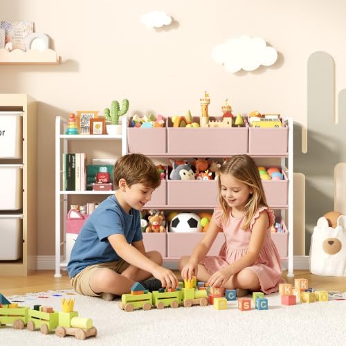 BBLIKE Kids Bookshelf and Toy Storage Organizer with 9 Removable Toy Bins | 43.7"x11.8"x 31.5", Metal Frame, Adjustable Feet, Stuffed Animal Storage Rack for Playroom, Bedroom, Nursery, Pink