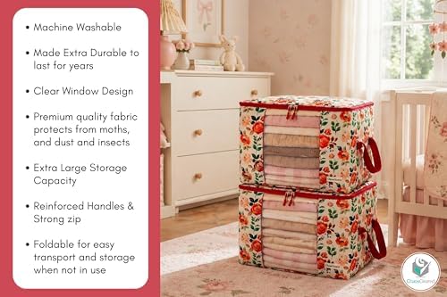 Chaos Cleared Canvas Storage Bags Designer Organizer 2 Pack – Seasonal Storage for Sweaters, Blankets, Linens & Garments – Foldable Design with Zip & Window (Red Floral Print)