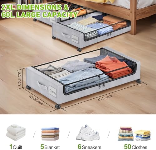 Beborxue Under Bed Storage with Wheels, 2-Pack Under the Bed Storage Containers with Lids, XXL 60L Under Bed Shoe Storage Organizer Bins, Rolling Underbed Storage for Clothes, Shoes, Blankets (Gray)