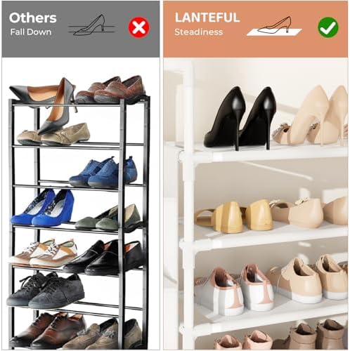 LANTEFUL 6 Tier Shoe Rack Storage for 24-30 Pairs Shoe and Boot, Shoe Organizer with Hook and Side Pocket Free Standing Long Shoe Shelf Tall Shoe Rack Organizer for Closet, Entryway, Dorm, White