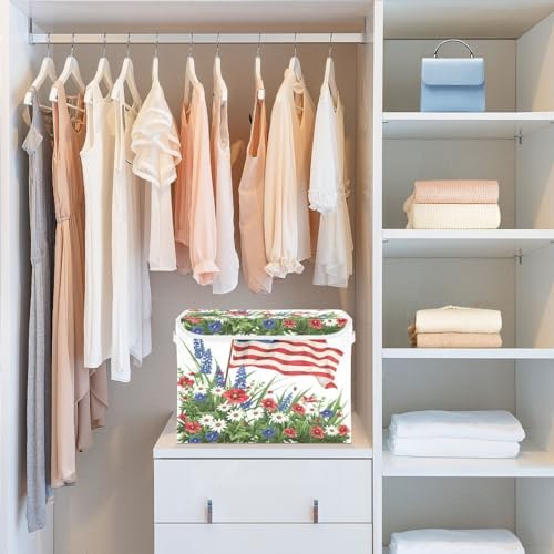 senya July Fourth Baskets Collapsible Storage Bins with Lids, Wildflowers American Flag Storage Boxes Clothes Baskets for Organizing