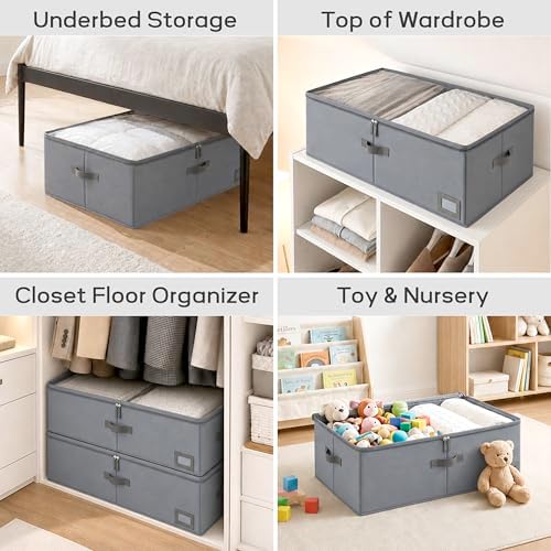10" High Capacity Under Bed Storage Bins (3-Pack, Charcoal Grey), Deep 600D Heavy Duty Oxford Fabric Organizer Containers with Matching Vegan Leather Handles for Comforters, Pillows & Blankets