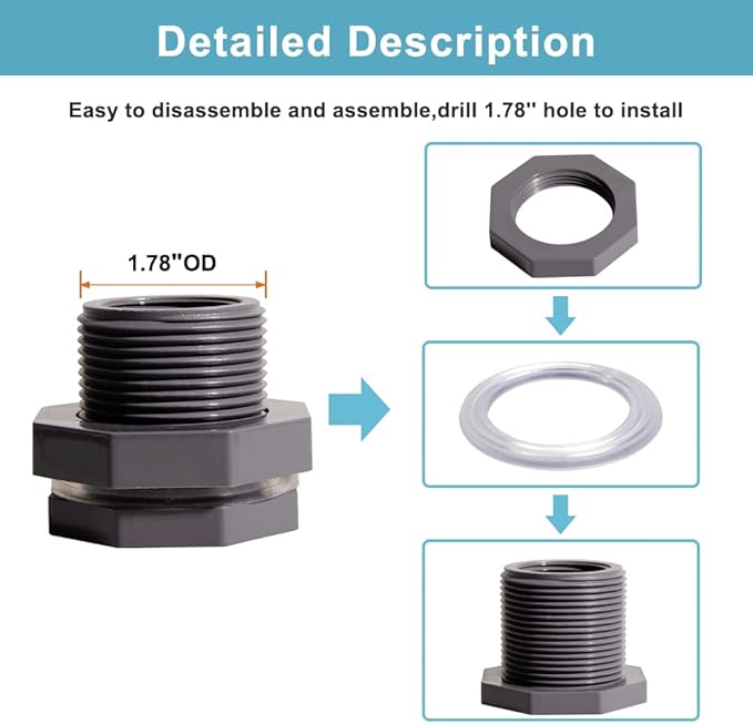 Ququyi 1 Inch PVC Bulkhead Water Tank Connector Adapter Fitting with Plugs Thru-Bulk Pipe Fitting for Rain Barrels, Aquariums, Ponds(Set of 1)
