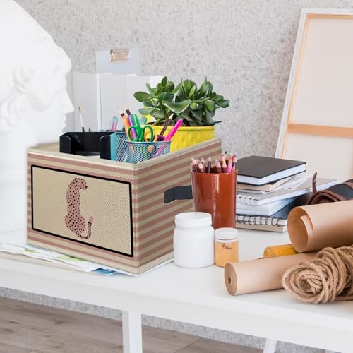 Pink Trendy Retro Cheetah Foldable Storage Bins Box with Handles, Pink Striped Leopard Print Girls Collapsible Toys Books Clothes Organizer Basket for Girly Room Bedroom Bathroom Dorm