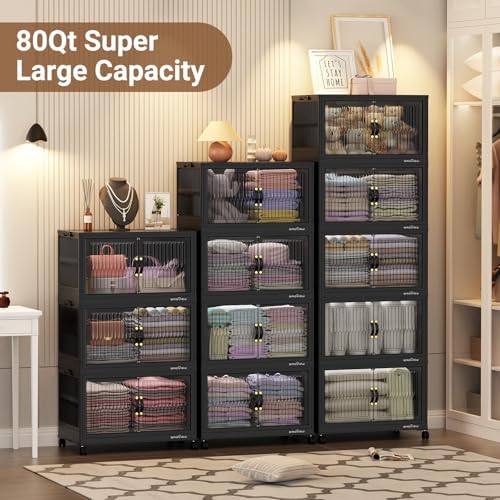BROVIEW 320Qt Large Stackable Storage Bins with Lid & Wheels, Plastic Collapsible Closet Organizers and Storage Drawers for Clothes | Foldable Storage Cabinet Container for Dorm Kitchen 4Pack Black