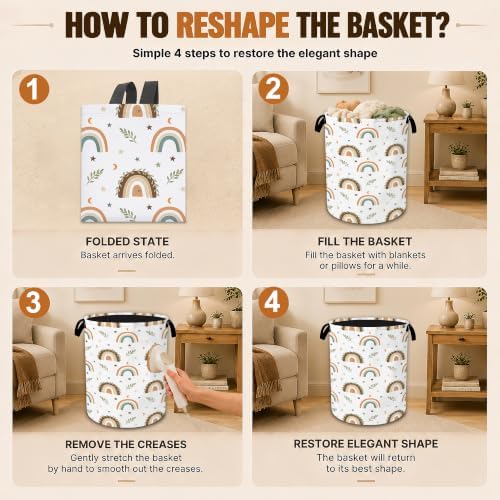 Boho Decorative Laundry Basket with Handles, Foldable Oxford Clothes Hamper with Boho Rainbow, Portable Dirty Clothes Storage Basket for Bedroom Bathroom Dorm Laundry Room
